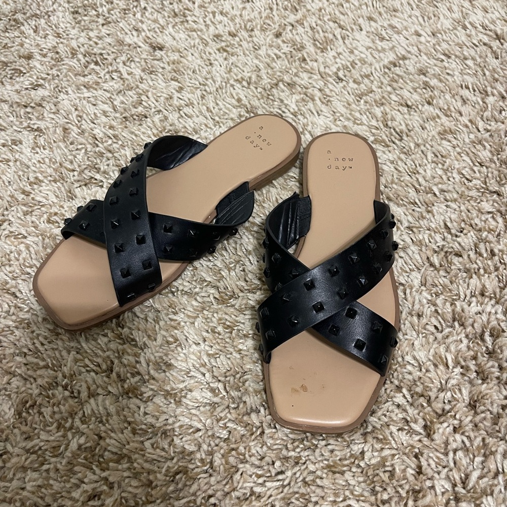 A New Day Black and Tan Cross-Strap Sandals